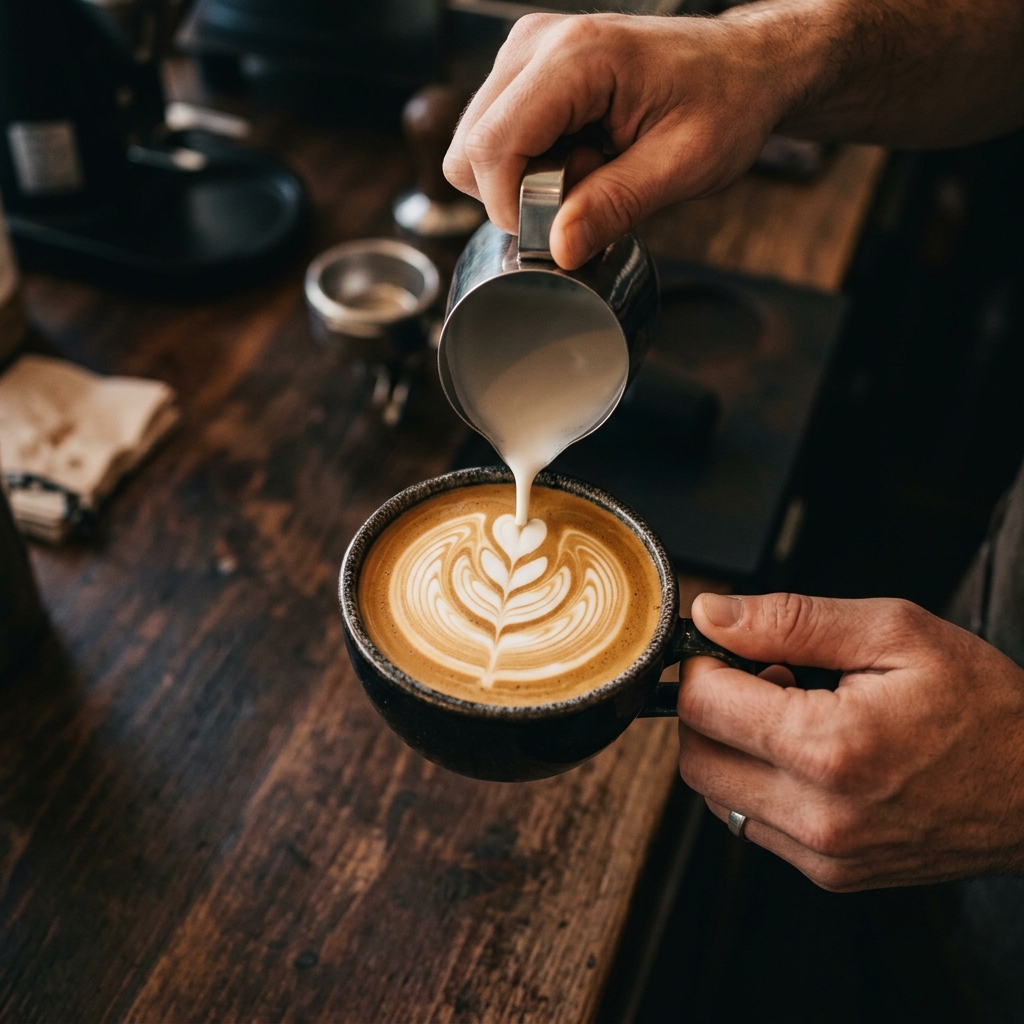 Latte art siendo vertido en taza de cerámica oscura