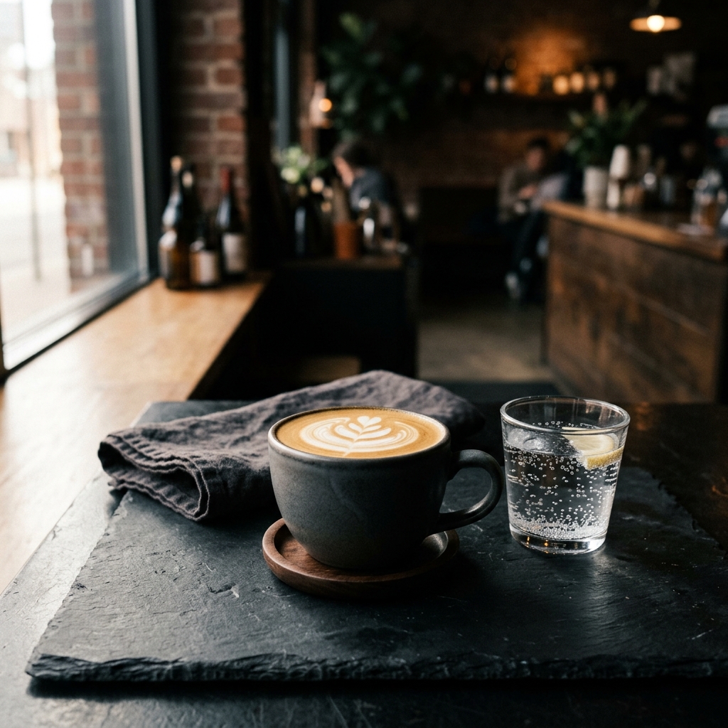 Flat white con agua mineral en superficie oscura