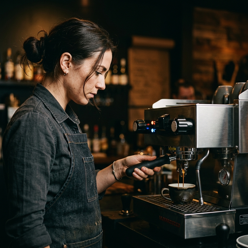 Barista preparando espresso en máquina profesional